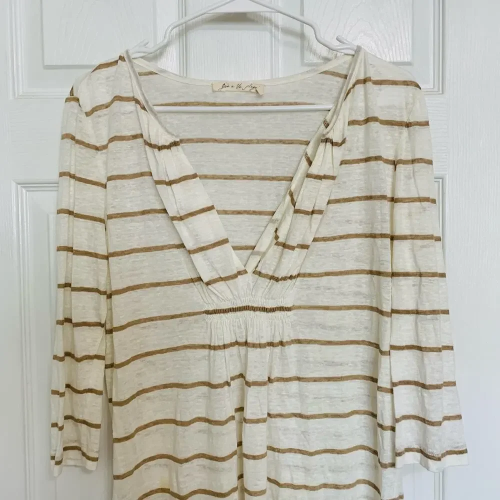Joie a la Plage Neutral Striped 100% Linen Beachy Dress Swim Cover Up Small